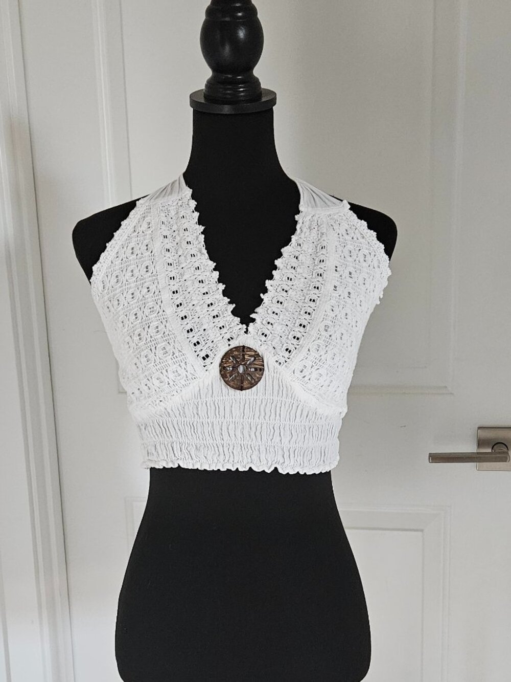 Boutique Boho Crochet Knit V-Neck Halter Top White Medium
